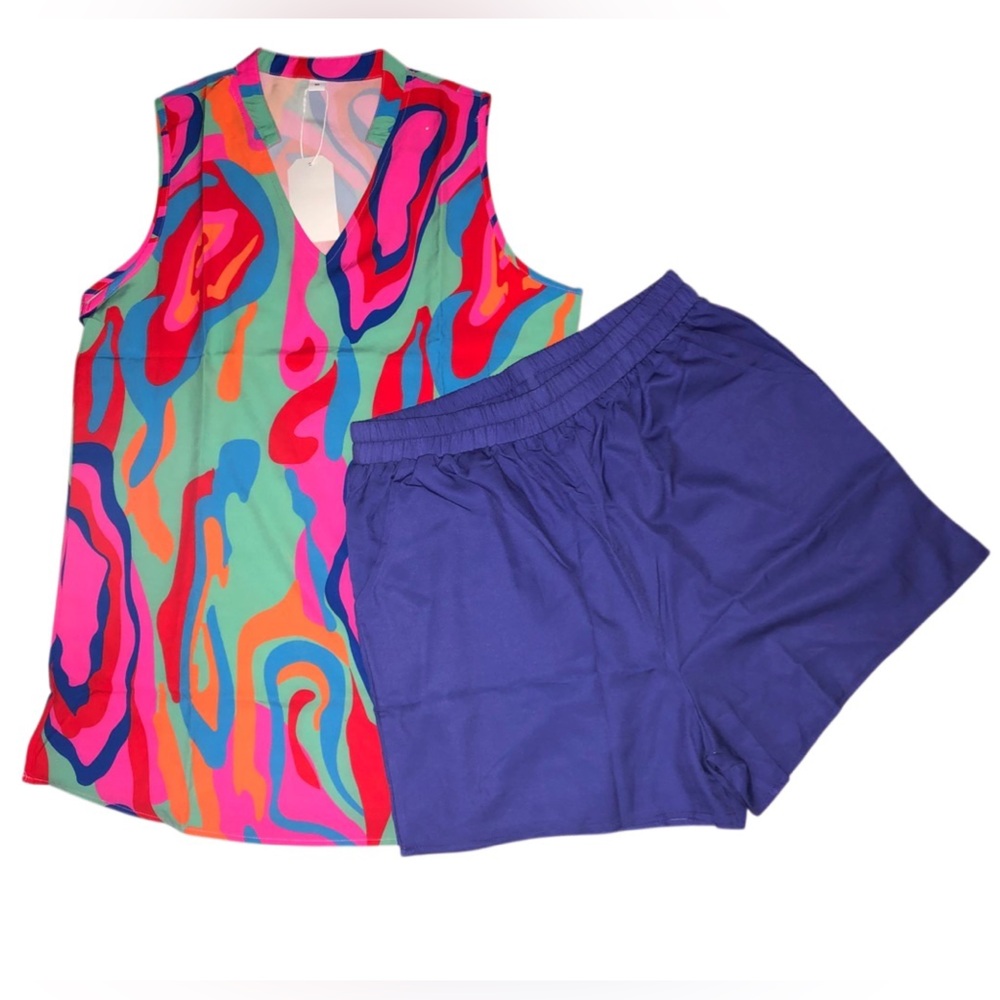 Women’s set ..Vibrant pattern Tank Top and Blue pocketed Short Set Sz Med